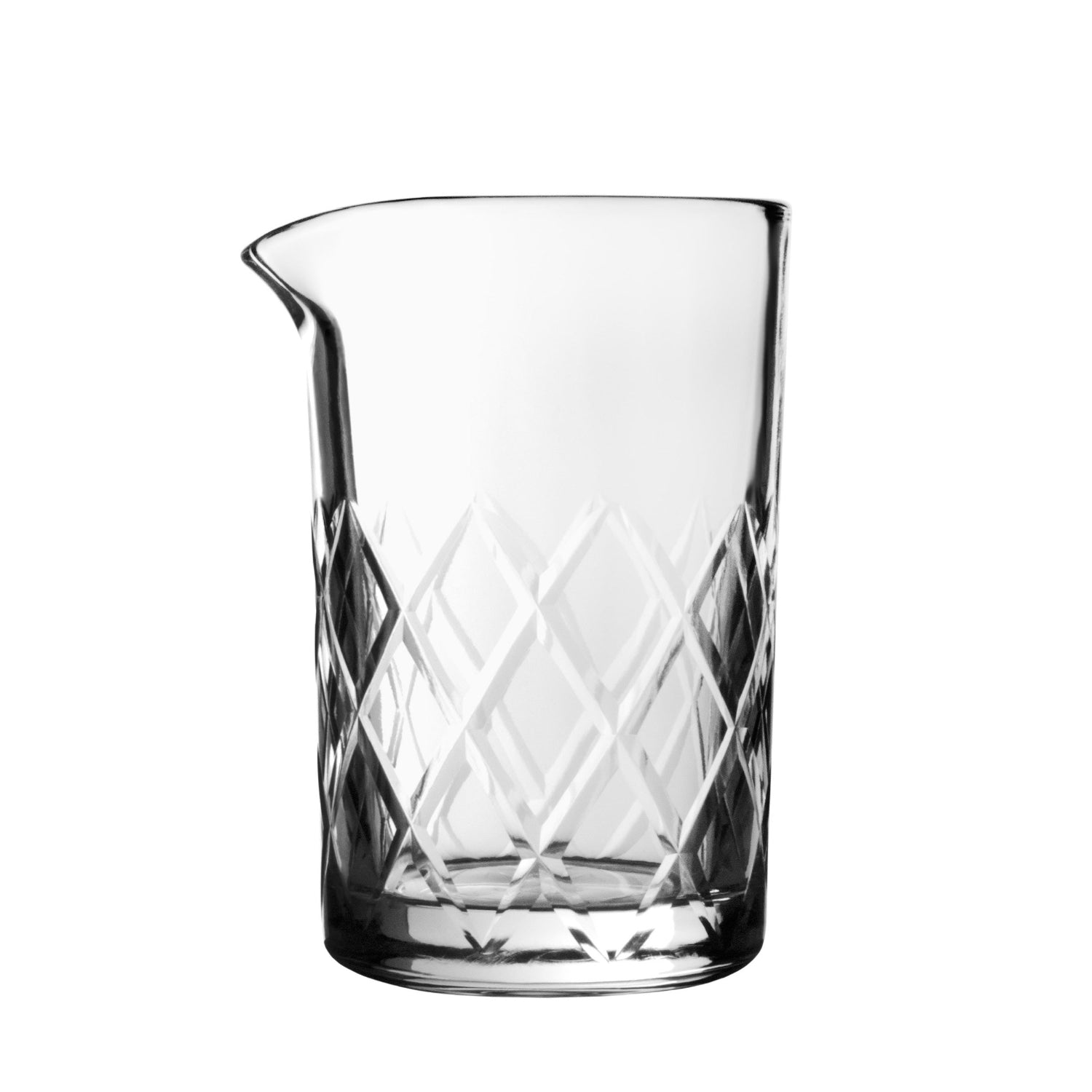 A clear glass mixing glass with a geometric Yarai pattern and a curved spout.