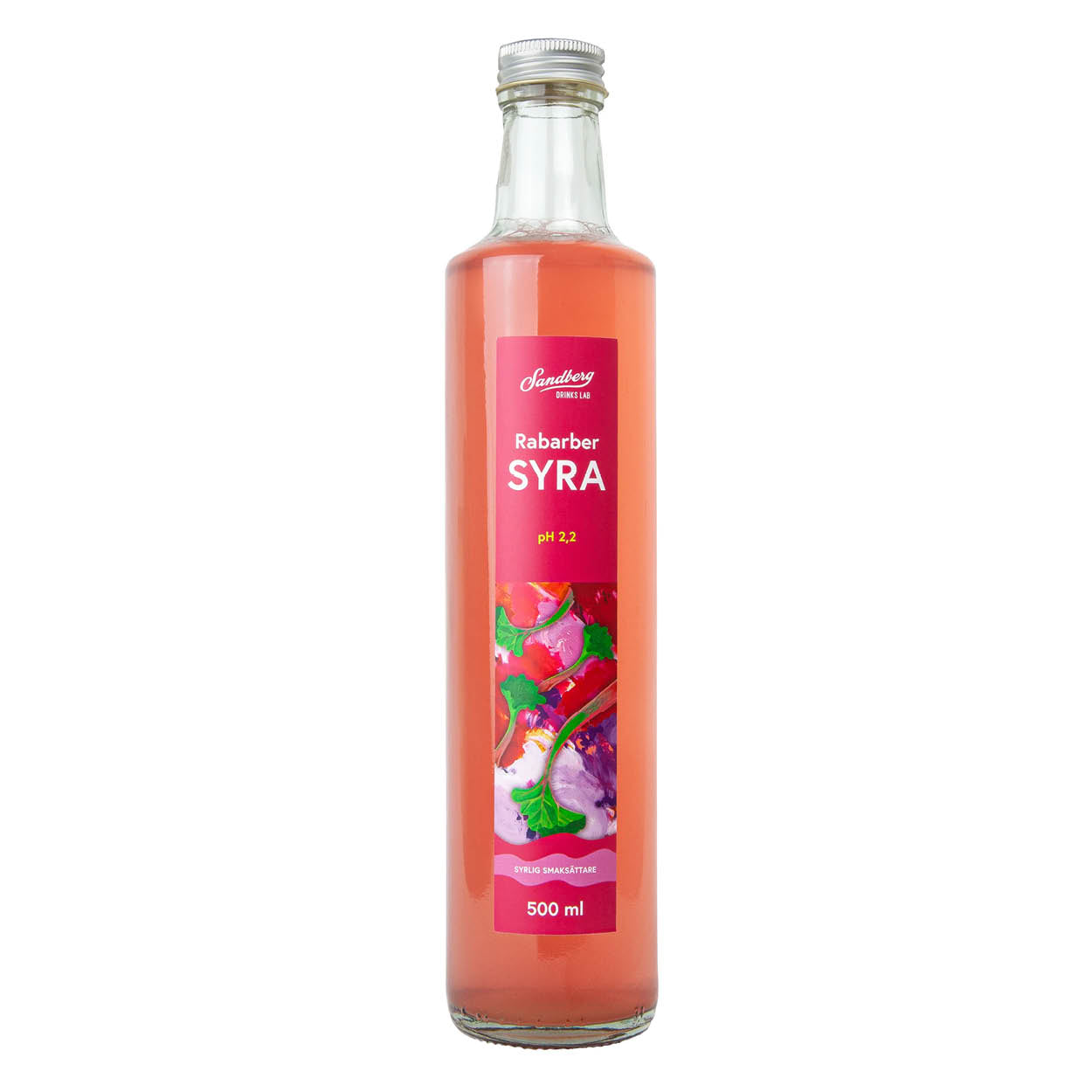 A bottle of Sandberg Rabarbersyra syrup with a pink label and liquid visible inside the bottle.