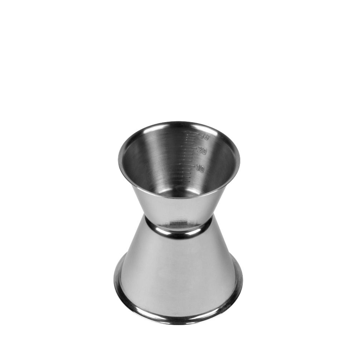 A silver-colored metal jigger with internal graded markings for measuring ingredients in cocktail making.