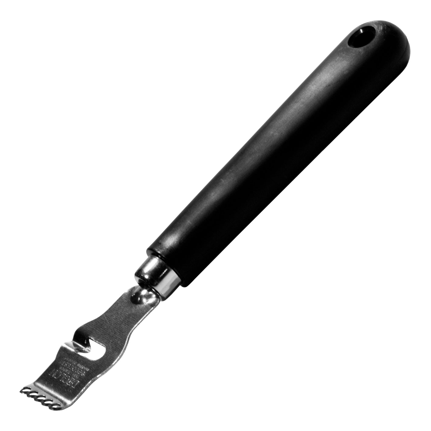 A black handheld peeler with a metallic head.