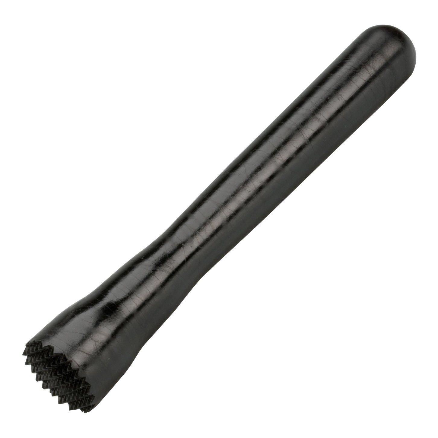 A black fine black muddler used for barware purposes, showing the end with the muddling teeth.