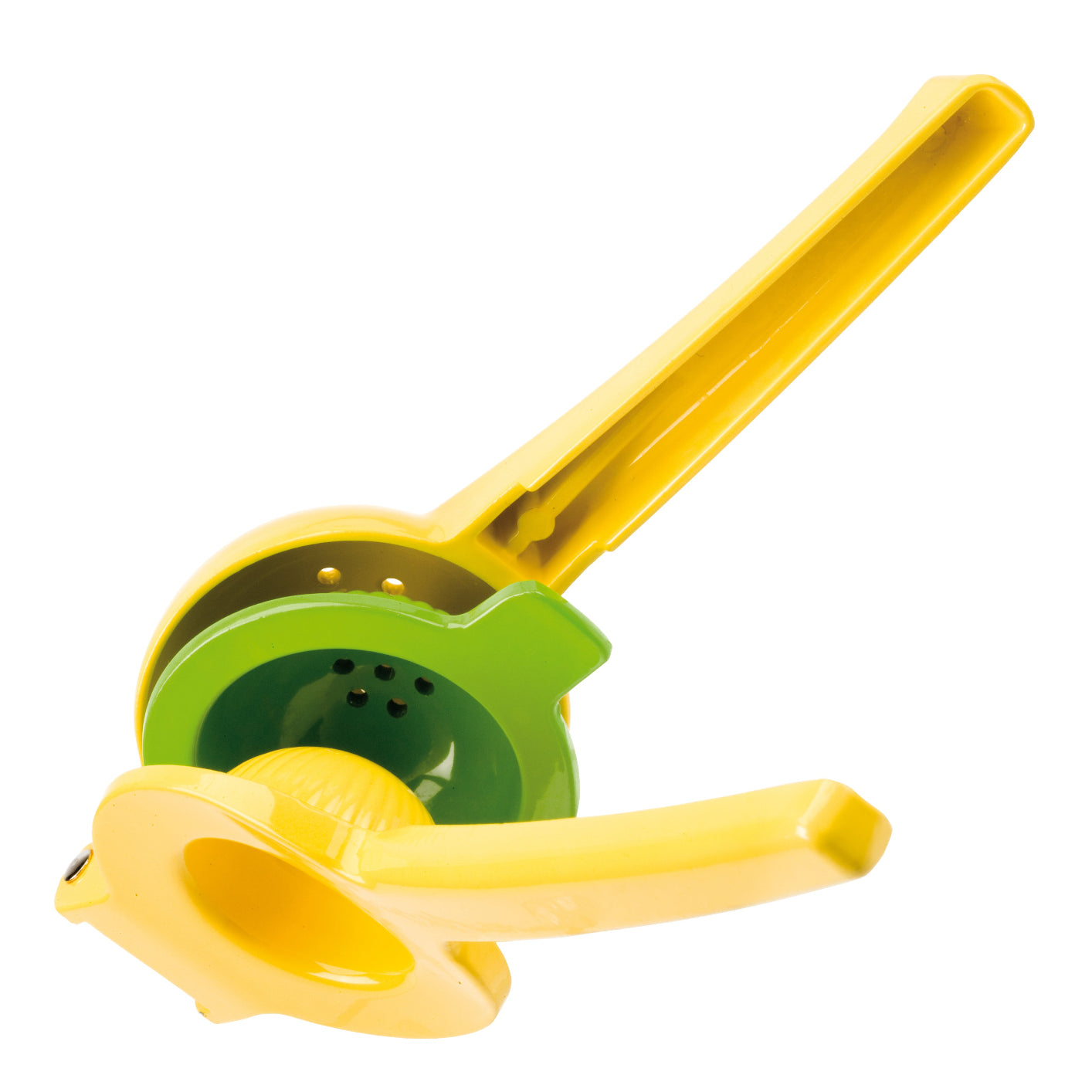 A yellow and green lemon/lime squeezer with a long handle and a circular pressing mechanism.