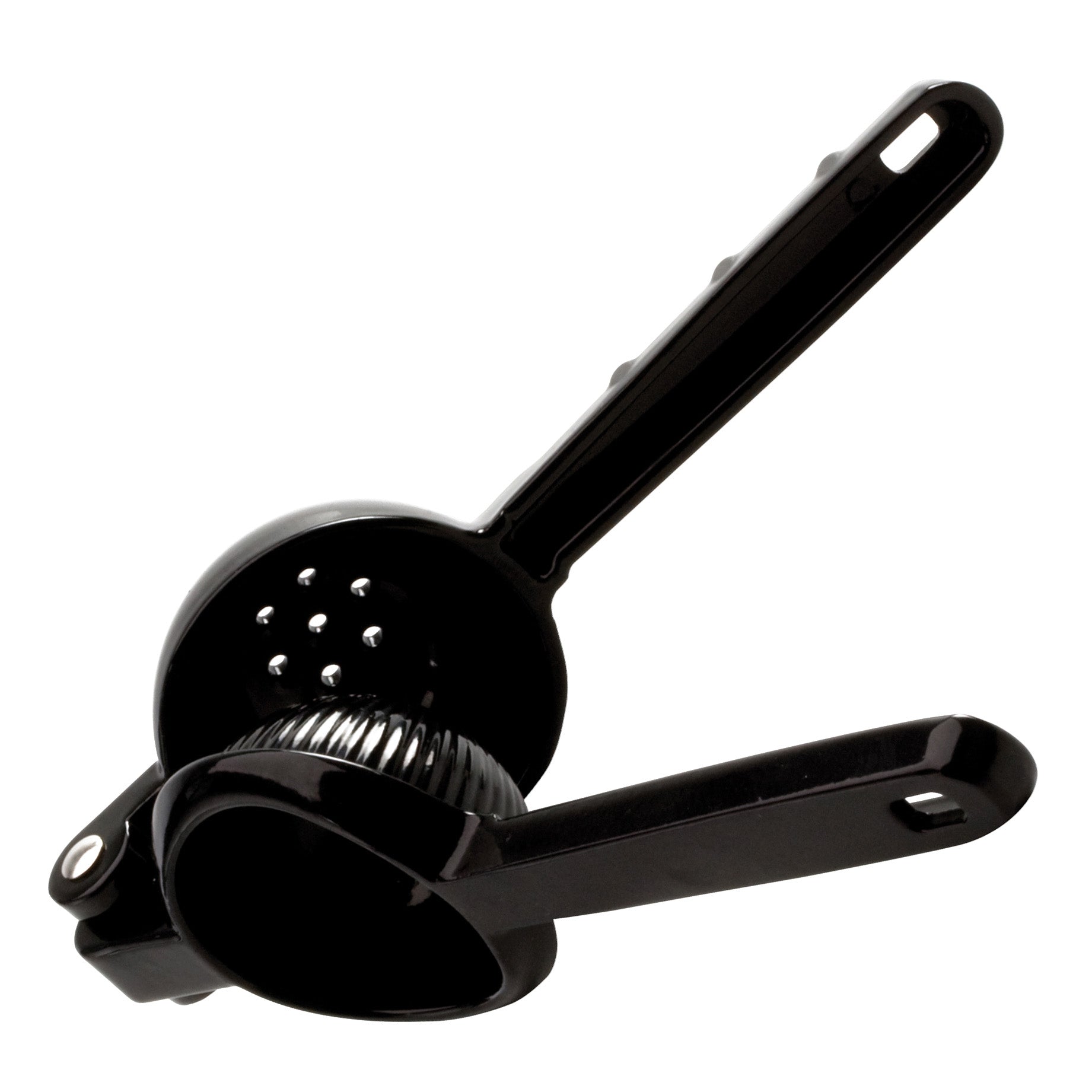 A black manual lime squeezer with a handle and a juice collector.