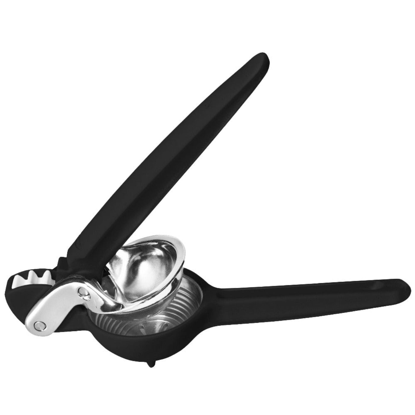 A black citrus juicer designed for squeezing lime and lemon, featuring a dual-sized frame and an ergonomic handle.
