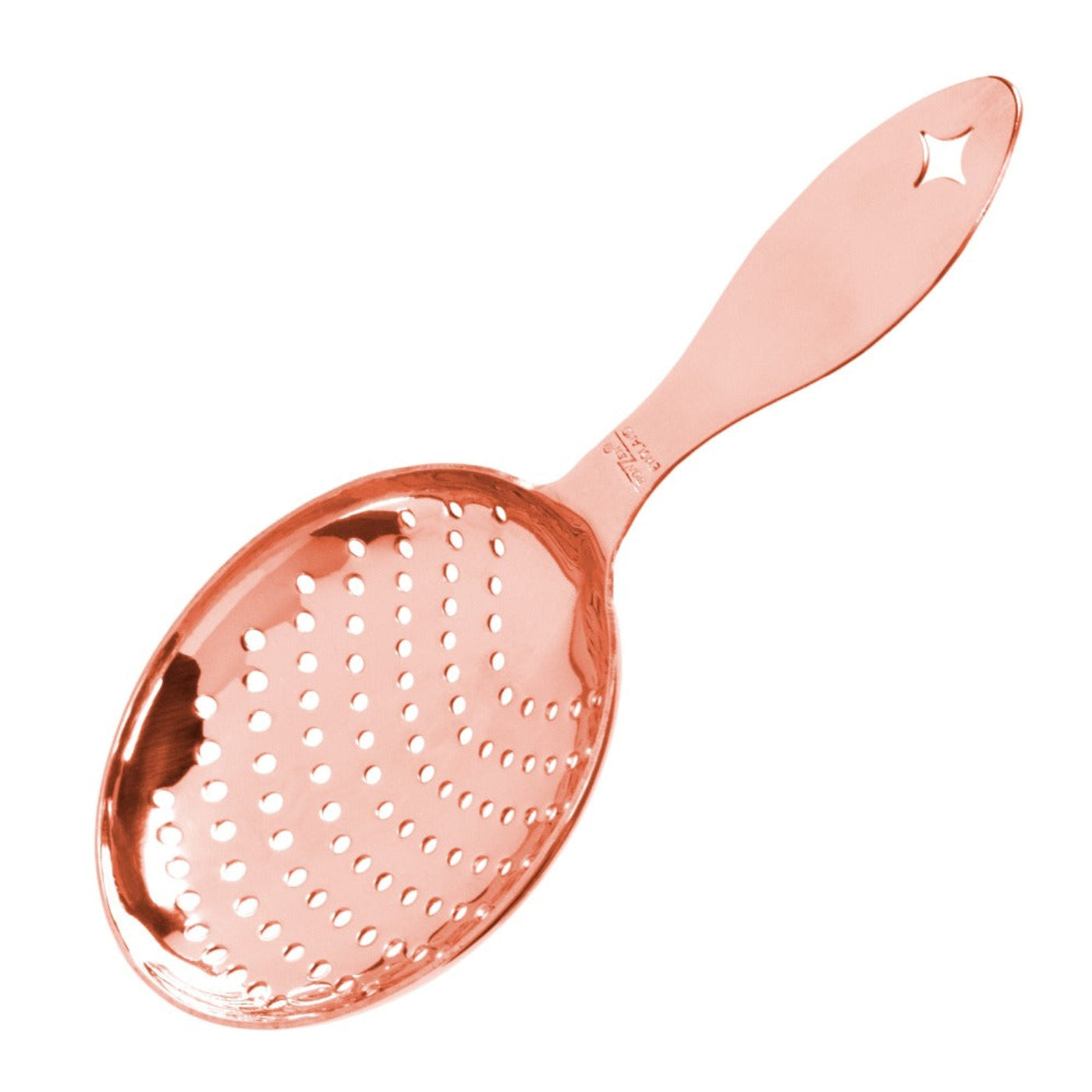 A copper-colored Julep strainer with a wide handle.