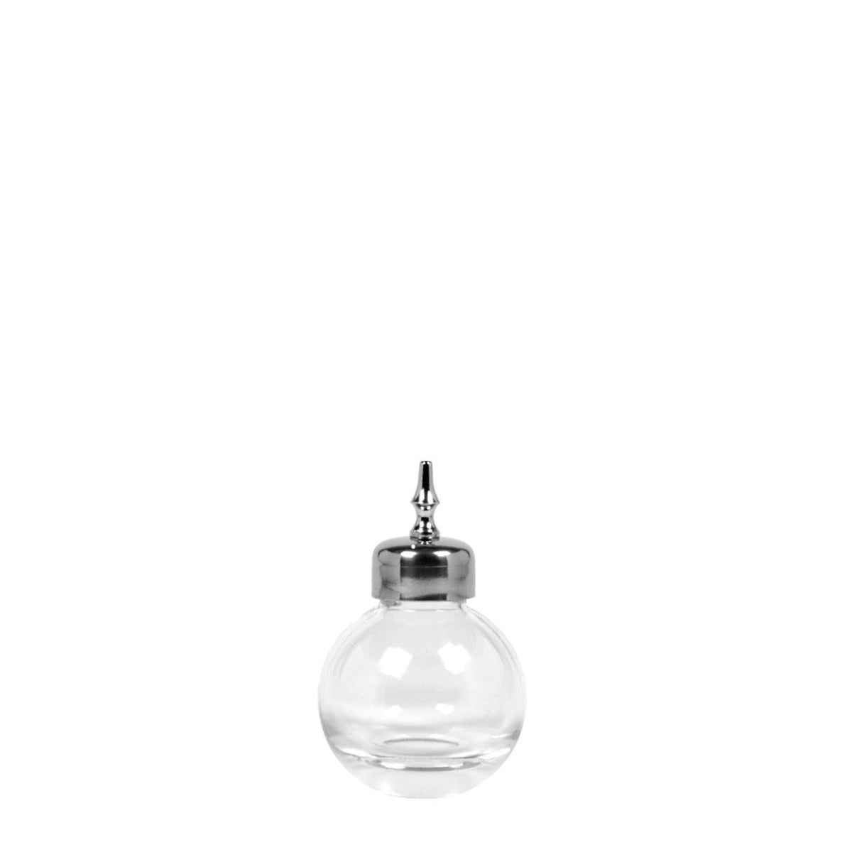 A miniature bitter bottle made of clear glass with a metallic cap, designed for adding a dash of bitterness to cocktails.