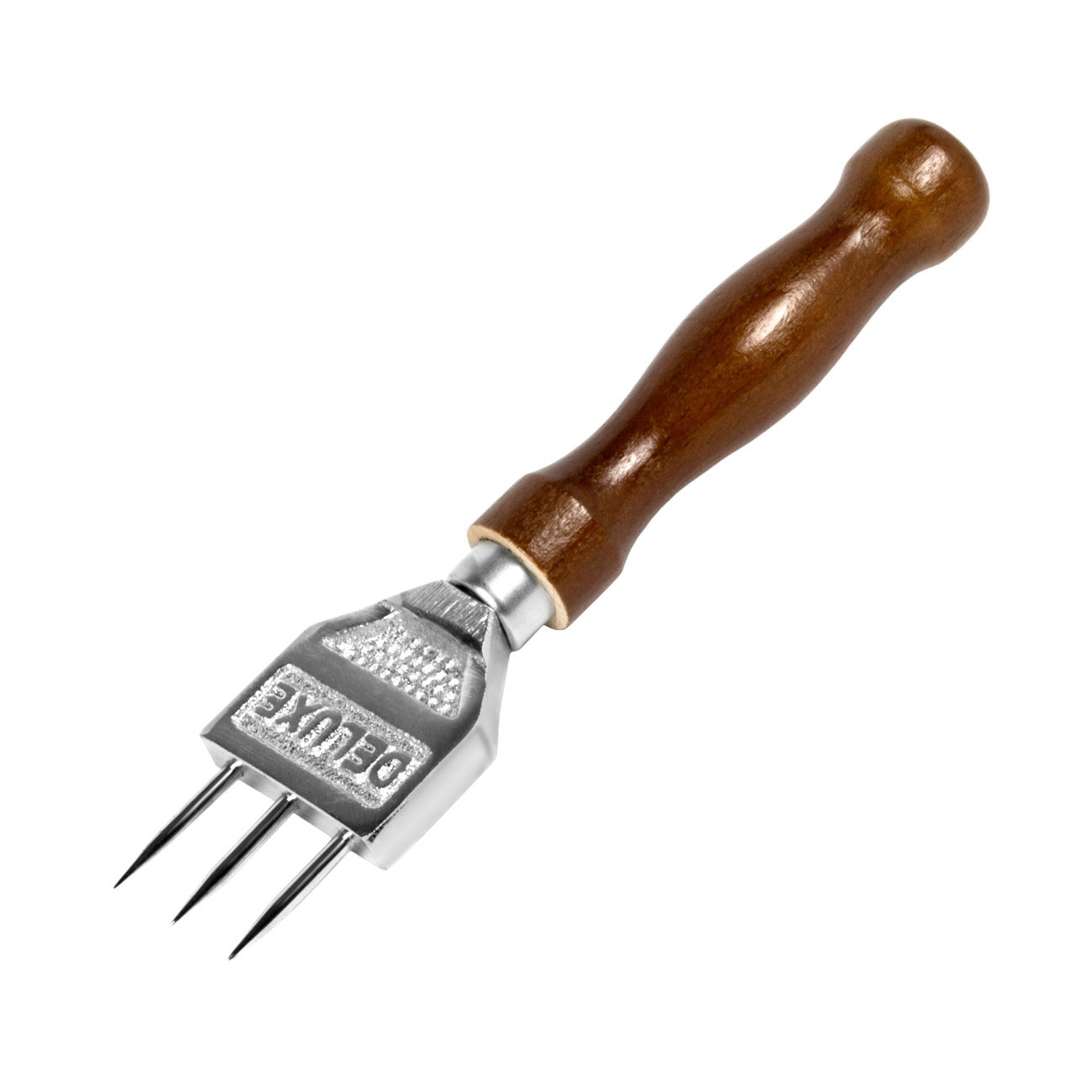 A professional-grade ice pick with a wooden handle and metal tines.