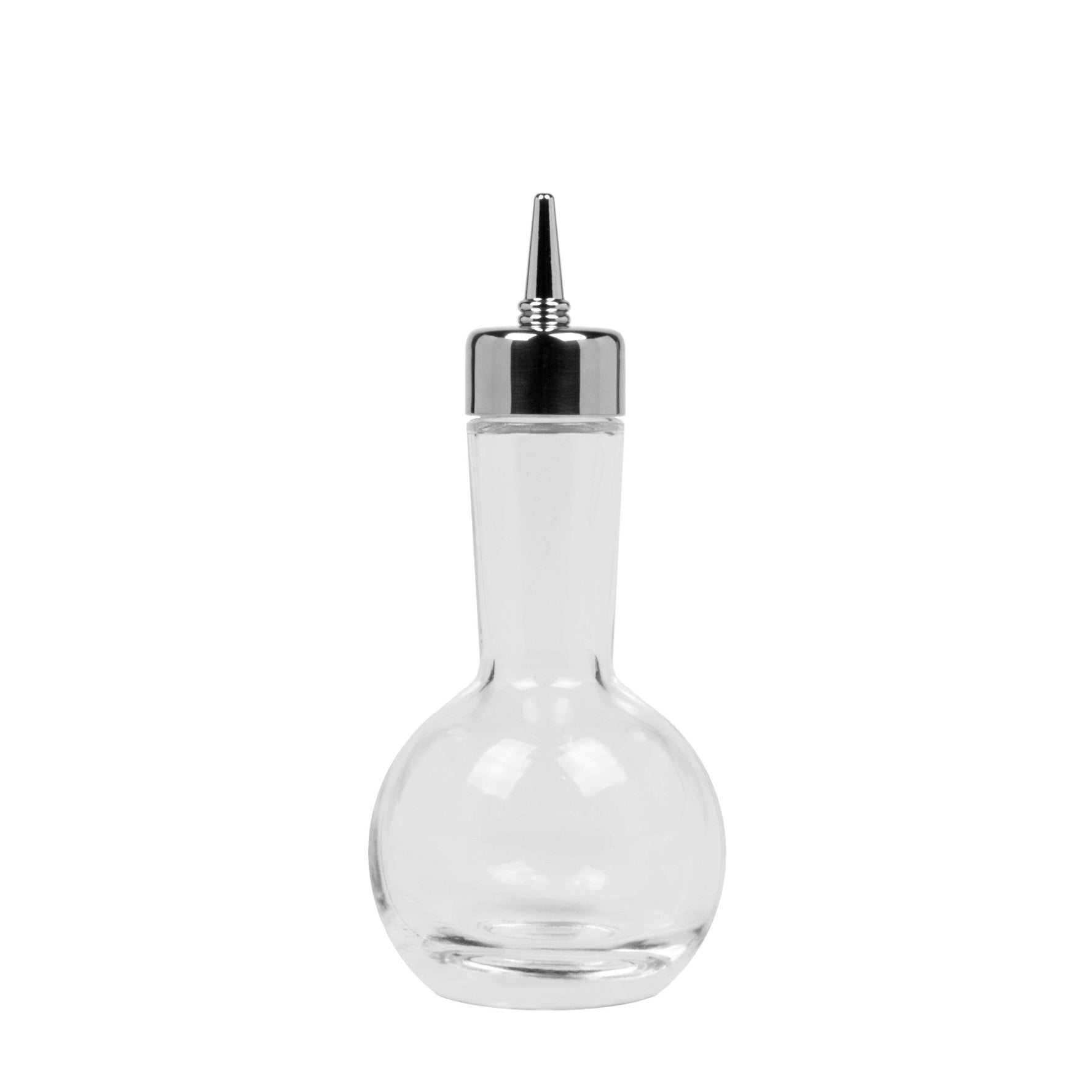 A clear glass dash bottle with a stainless steel cap.