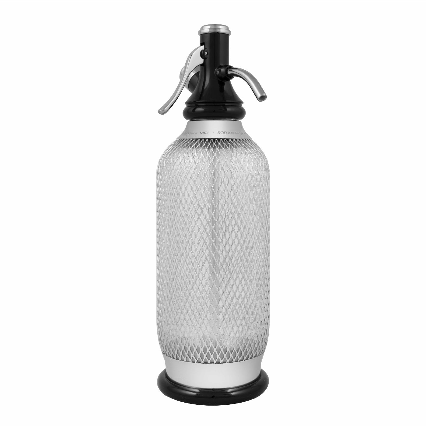 A clear polycarbonate iSi Soda Siphon with a black handle and stainless steel spout, standing upright.