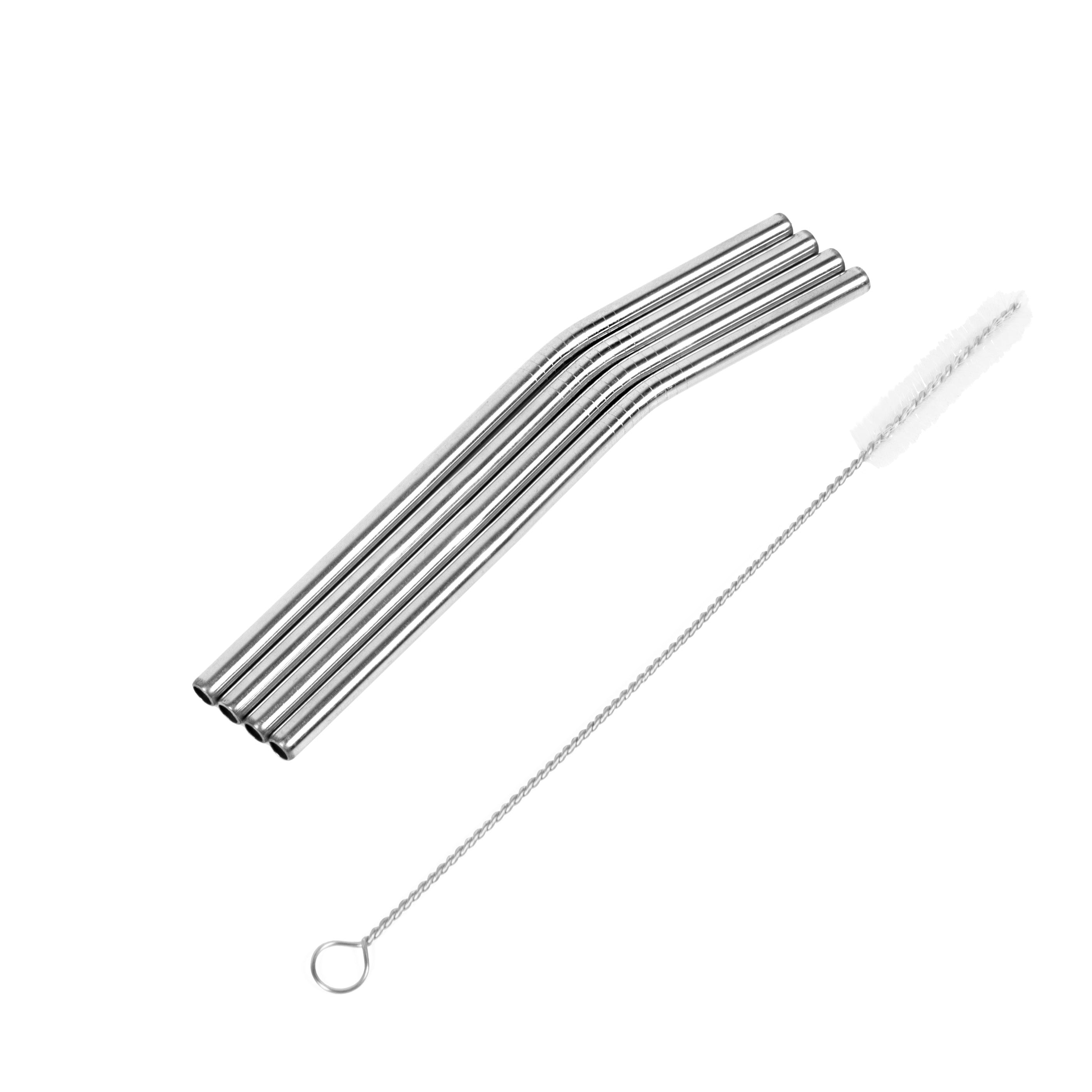 A set of four stainless steel drinking straws.