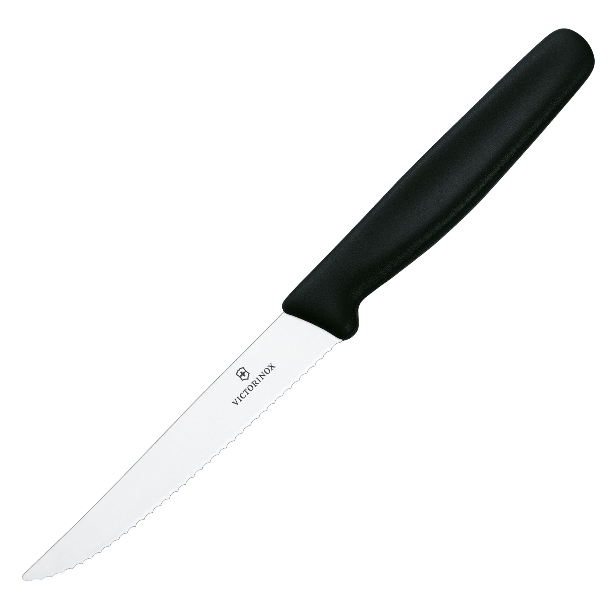 A Victorinox bar knife with a black handle and a serrated stainless steel blade.