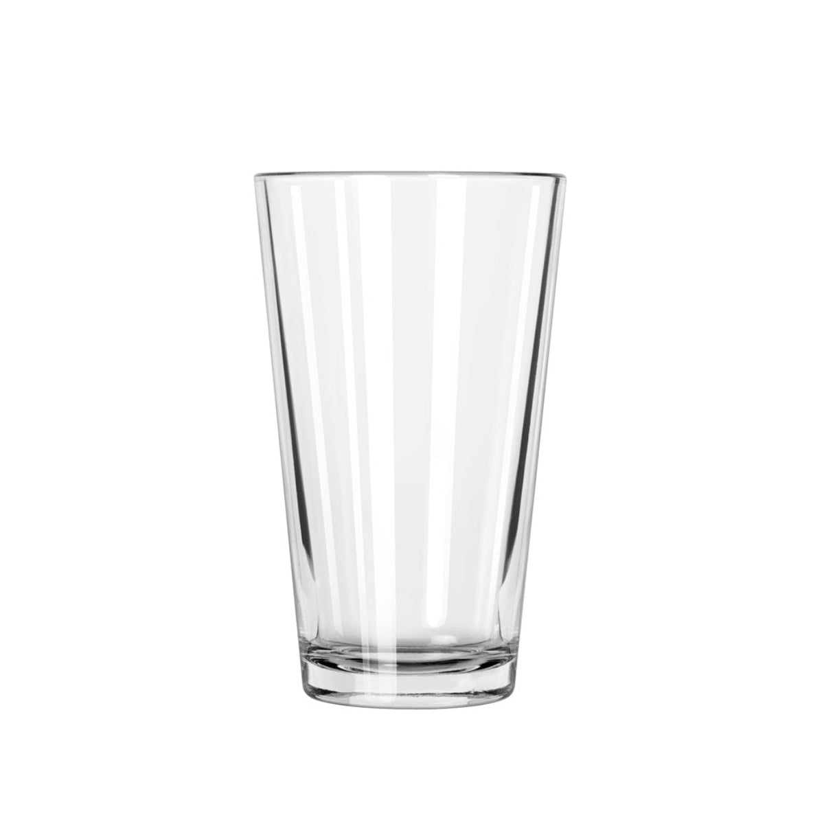 A clear mixing glass with a straight-sided design and a solid base, suitable for stirring cocktails.