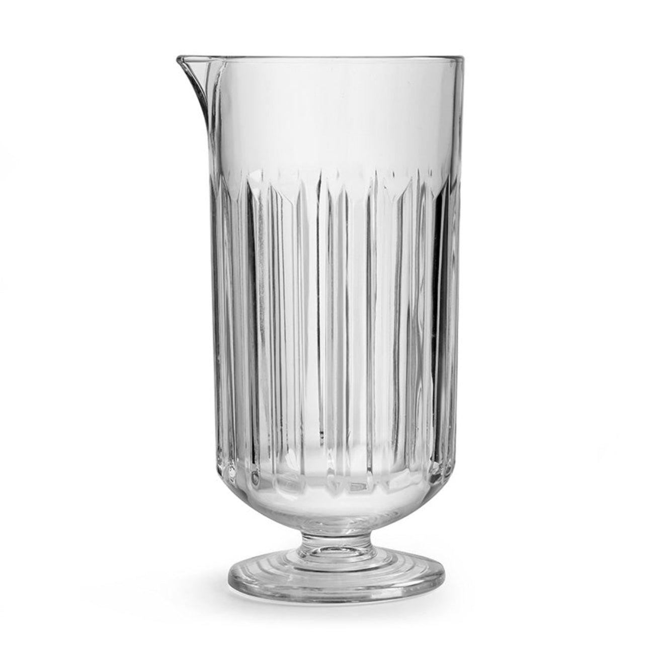 A clear glass mixing glass with a ribbed pattern and a solid base.