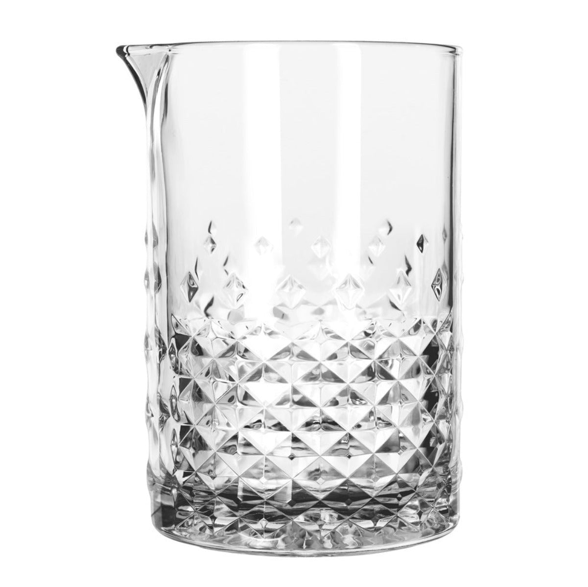 A clear glass mixing glass with a geometric diamond pattern design, intended for making cocktails or mocktails.