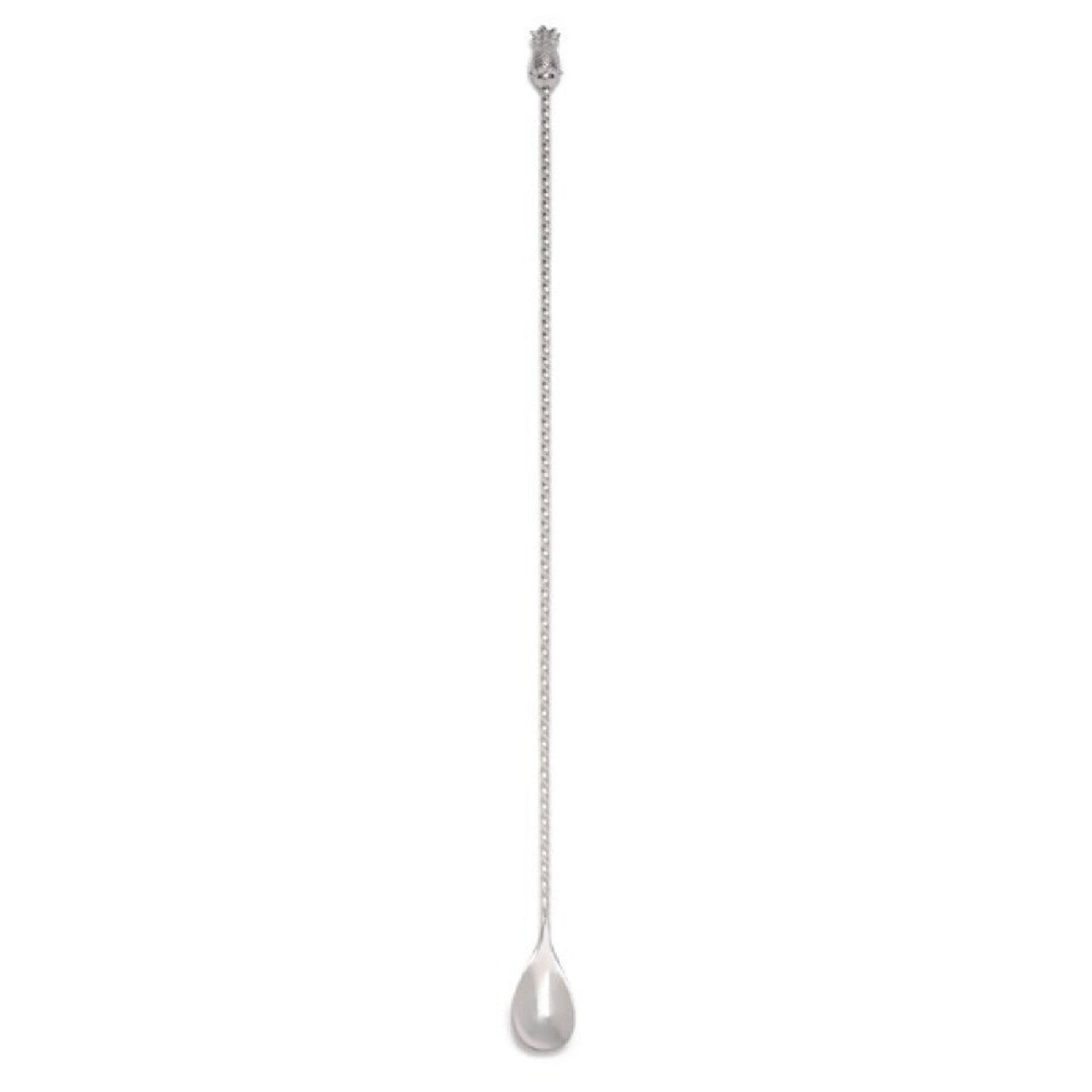 A stainless steel barspoon with a pineapple-shaped head and a smooth coil.