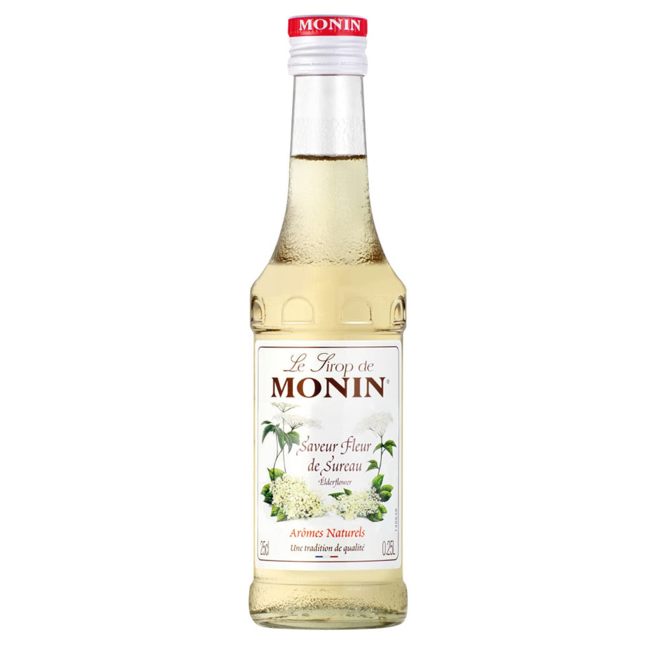 A bottle of Monin Elderflower Syrup, 25 cl size, with label displaying the product name and images of elderflowers.