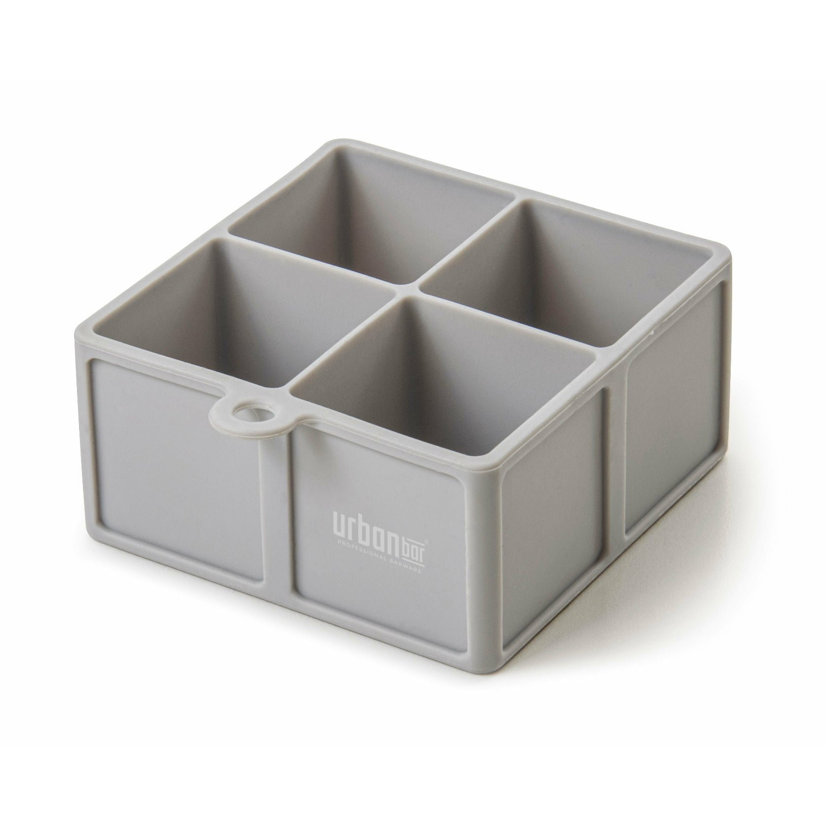 A gray Urban Bar silicone ice cube tray with four cavities, designed to make large square ice cubes.