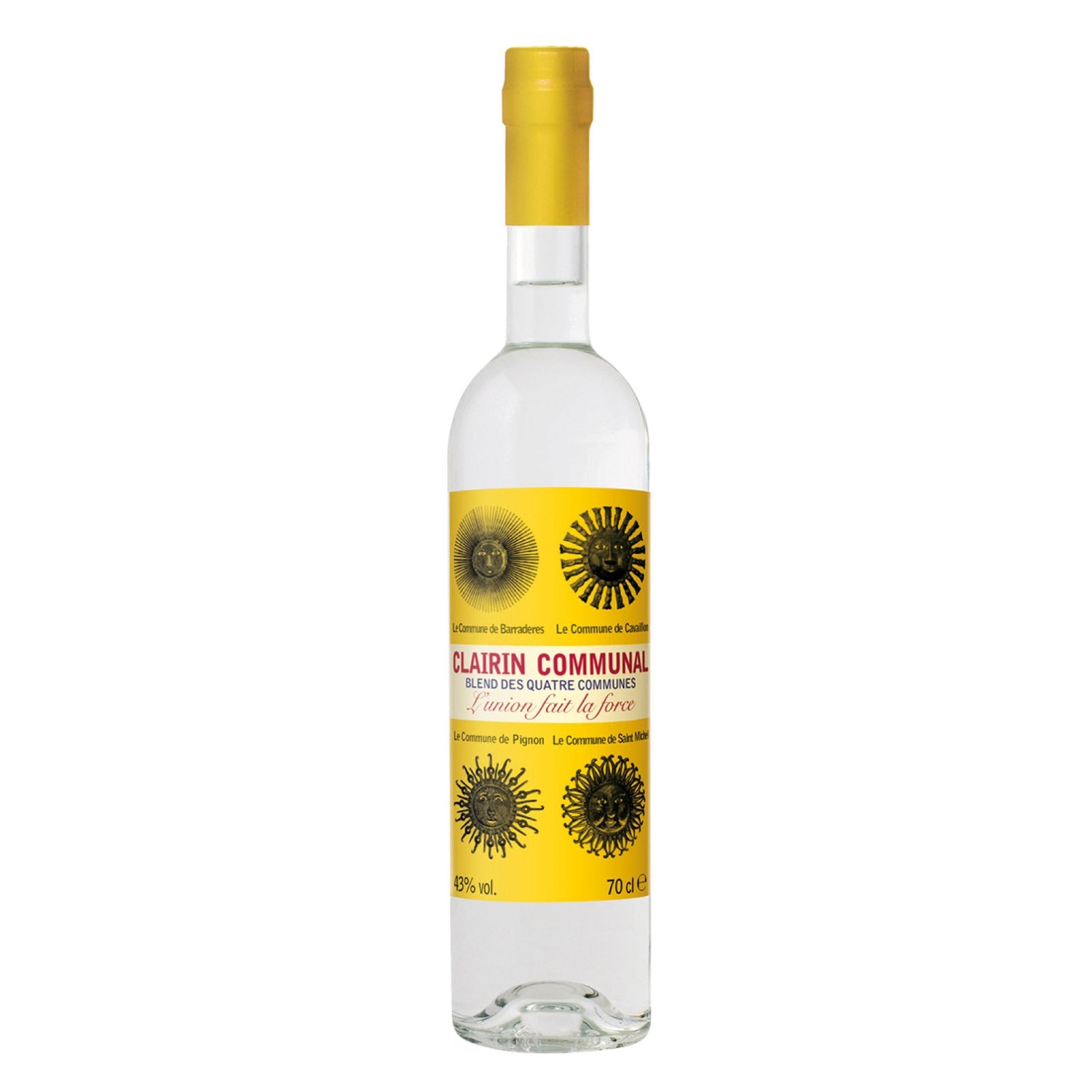 A bottle of Clairin Communal 43% rum with a yellow label and cap, against a white background.